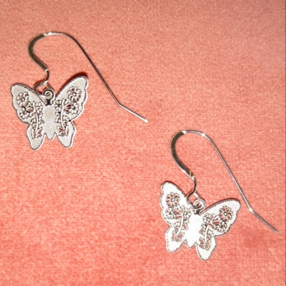 Solid 925 Sterling Silver Wires Butterfly Charm Earrings Little Butterflies